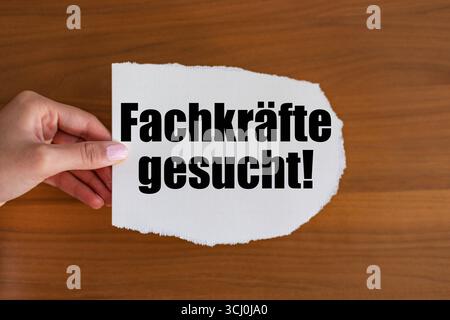 Fachkräft gesucht Fachkräft gesucht Fachkräft gesucht Fachkräfte gesucht Frau Hand hält ein Blatt Papier mit einer Notiz. Berufstätigkeit, Rekrutierung, Job, Chance, Botschaft. Hinweis GER2005 fachkraefte gesucht Stockfoto