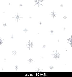 Nahtloses Muster mit Schnee und Schneeflocken in verschiedenen Formen und Formen. Weihnachten und Neujahr Hintergrund. Aquarell handgezeichnet Illustration auf Stockfoto