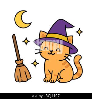 Bezaubernde orangene Karikaturkatze mit lila Hexenhut, die mit Besen, Mond und Sternen sitzt. Lustige Halloween-Illustration, perfekt für saisonale Stock Vektor