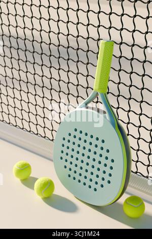 Paddle-Tennisschläger mit grünem Griff und Bällen in der Nähe des Netzes auf einem sonnigen Platz. 3D-Rendering Stockfoto