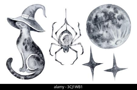 Set von isolierten Illustrationen halloween Katze in einer Hexenhut Spinne auf einem Netz Sterne und eine Vollmond strukturierte schwarze Aquarell Nacht Komposition Horror Stockfoto