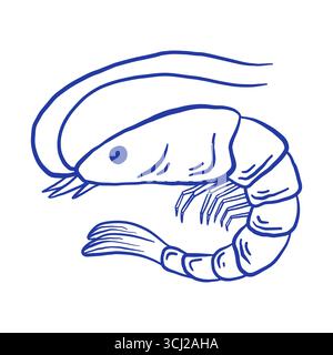 Handgezeichnete Garnelenvektorillustration. Kritzelnde Meeresfrüchte auf weißem Hintergrund. La Dolce vita Italien im Retro-Stil Stock Vektor