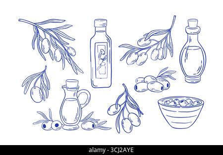 Hand gezeichnete natürliche Oliven und Ölflasche Symbol Vektor Set. Illustration der mediterranen Küche im Doodle-Sketch-Stil. Perfekt für Restaurantmenüs, Packag Stock Vektor