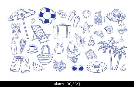Handgezeichnete Illustrationen zum mediterranen Sommerstrand. Italienisches Vintage-Urlaub-Clipart. La dolche vita Vektorset Stock Vektor