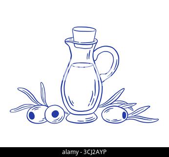 Hand zeichnen Olivenöl in Glasgefäß mit frischen Oliven und Blättern Vektor Illustration. Stock Vektor