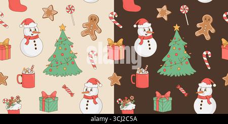 Set von nahtlosen Weihnachtsmustern mit Retro-Zeichentrickfilm Weihnachtsbaum, Schneemann, Lebkuchen, Geschenkbox, Kaffeetasse, Süßigkeiten. Neujahrsdekoration. Vektorillus Stock Vektor
