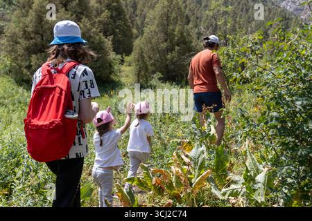 Vater mit Sohn und zwei Töchtern, die zusammen auf einem Bergweg unterwegs sind. Familienabenteuer und Reiseszene mit seltenen Aussichten. Stockfoto