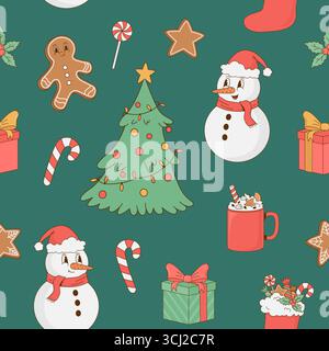Nahtloses Muster mit Retro-Zeichentrick-Weihnachtsbaum, Schneemann, Lebkuchen, Geschenkbox, Kaffeetasse, Süßigkeiten auf grünem Hintergrund. Vektorabbildung. Wrappi Stock Vektor