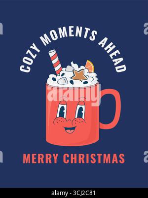 Retro-Zeichentrickfilm mit niedlichem Weihnachtskaffee-Charakter. Vintage Cappuccino Maskottchen Vektor Illustration. Dekoration, Postkarte, Druck für Cafeteria, BA Stock Vektor