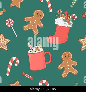 Nahtloses Vintage-Weihnachtsmuster mit Süßigkeiten, Lebkuchen, Süßigkeiten, Geschenken auf grünem Hintergrund. Retro-Cartoon-Vektor-Illustration. Frohes Neues Jahr Stock Vektor