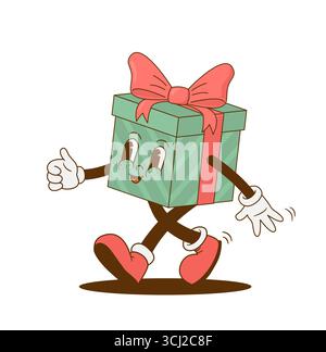 Retro-Cartoon lustige Weihnachtsgeschenkboxfigur. Vintage Weihnachtsbox Maskottchen Vektor Illustration. Nostalgie 60er, 70er, 80er Jahre Frohe Neujahrsdekoration Stock Vektor
