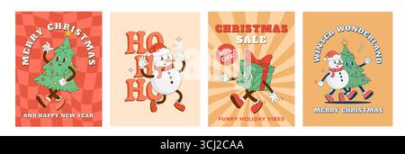Set mit Retro-Cartoon-Postern für Weihnachtsfiguren. Weihnachtsbaum, Schneemann, Geschenkbox Maskottchen. Neujahrsdekoration Vektor Illustration. Drucken, Poster, g Stock Vektor