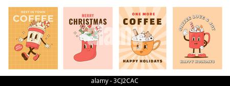Set mit Retro-Zeichentrickfilmen mit heißem Weihnachtsgetränk und Poster. Lustige Kaffeetasse, Cappuccino, Latte, Getränkemaskottchen. Vektorabbildung. Drucken, Flyer Stock Vektor
