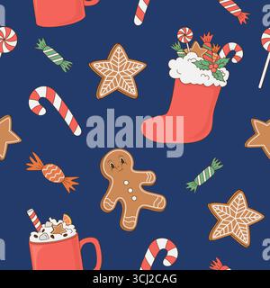 Nahtloses Weihnachtsmuster mit Süßigkeiten, Lebkuchen, Cappuccino auf blauem Hintergrund. Illustration des Zeichentrickvektors. Geschenkpapier, Grußkarte, Druck Stock Vektor