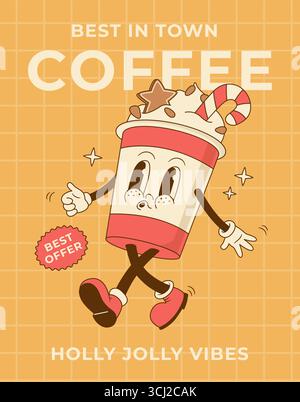 Lustiger Retro-Cartoon 70er Jahre Weihnachtskaffeetasse Charakter. Cappucino, Latte Maskottchen in grooviger Stil Vektor-Illustration. Vintage-Poster, Druck, Begrüßung c Stock Vektor