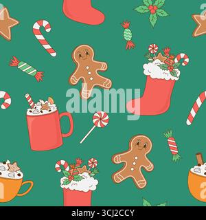 Nahtloses Muster im Retro-Zeichentrick mit Lebkuchen, Süßigkeiten, Strumpf, Kaffee auf grünem Hintergrund. Vektorabbildung. Geschenkpapier, Grußkarte, Neu Stock Vektor