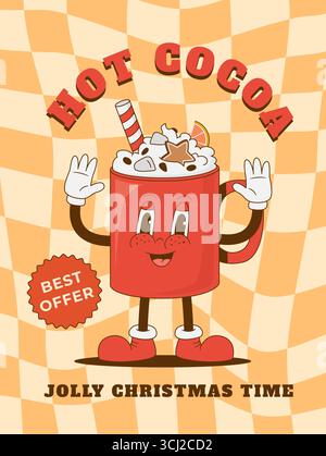 Lustige Retro-Cartoon-Figur aus den 70er-Jahren mit Kakaobecher. Heißes Getränk Weihnachtsmaskottchen in grooviger Stil Vektor-Illustration. Frohes neues Jahr. Vintage-Poster, prin Stock Vektor