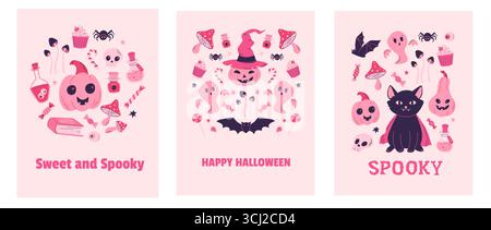 Set von Happy Halloween Party Poster, Einladung, Hintergrund. Trick or Treat. Vektorillustration im Pinkcore-Stil. Kürbis, Fledermaus, Gift, Schädel, Pilz Stock Vektor