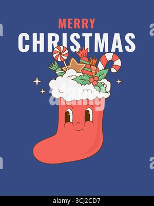 Weihnachts-Retro-Cartoon-Strumpf aus den 70er Jahren mit Bonbons-Charakter. Weihnachtsmaskottchen in grooviger Stil Vektor-Illustration. Vintage-Poster, Druck. Stock Vektor