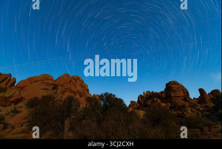 Ein Sternenhimmel mit Sternenpfaden über felsigen Formationen im Joshua Tree National Park. Kalifornien. USA Stockfoto