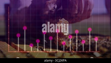 Mit Handschuhen greifende Wabe mit Bienen auf Bienenstock am Bienenstock, mit magentafarbenen Datenpunkten. Bienenzucht, Bienenwaben, Bienenstock, Entomologie, b Stockfoto