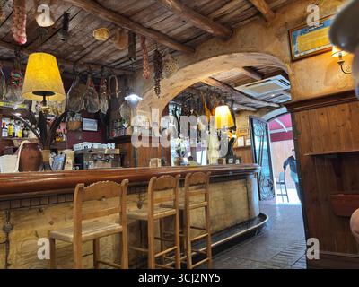 Gemütliches Interieur der traditionellen spanischen Tapas-Bar in Cadiz, mit Holztheken, hängenden Schinken, bunten Fliesen, kleinen Tellern und Wein. Stockfoto