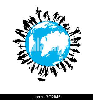 Silhouetten von Menschen auf der ganzen Welt. Handgezeichnet. Nicht AI, Vektorillustration Stock Vektor