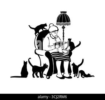 Die Seniorin sitzt auf der Couch und liest das Buch mit Interesse. Großmutter verbringt Zeit zu Hause mit einem Buch. Freizeit- und Entspannungskonzept. Oma und Stock Vektor