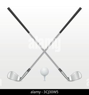 Vektor 3D realistische gekreuzte Golfschläger mit Ball auf T-Stück, isoliert. Professionelle Golfausrüstung für Turnier, Training, Meisterschaft, Sportkonzept Stock Vektor
