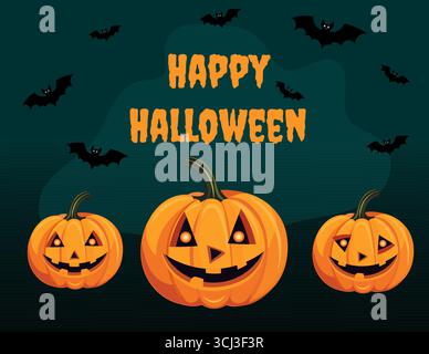 Happy Halloween Fertigschablone mit Fledermäusen, leuchtenden Jack-o-Laternen auf dunkelgrünem Hintergrund. Gruseliges Festtagsdesign mit Text. Vektorillustration, Kürbis. Stock Vektor