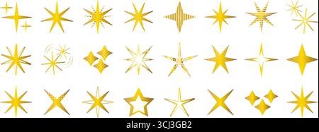 Futuristisches goldenes Icon-Set mit Sternen und Glitzern, Vektor-monochrome Metall-Funken-Zeichen, Vintage y2k-Blitzsymbole, gelb metallisch glänzende Formen Stock Vektor