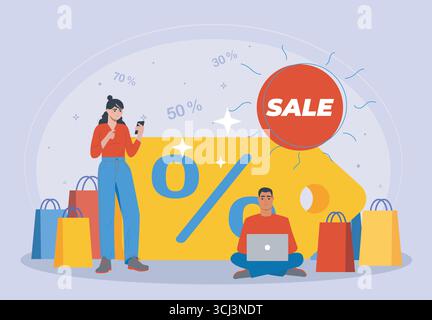 Personen mit Rabatt. Frau und Mann mit Laptop nahe dem Prozentwert. Angebote und Werbeaktionen. Begrenztes Sonderangebot. Kunden mit Einkaufstaschen. Schwarz Stock Vektor