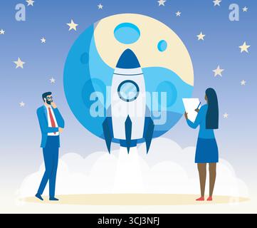 Die Menschen starten ein neues Unternehmen. Mann und Frau mit Tablette in der Nähe der Rakete. Unternehmer mit Geschäftsidee. Geschäftsleute starten Rakete zum Mond. Flach Stock Vektor