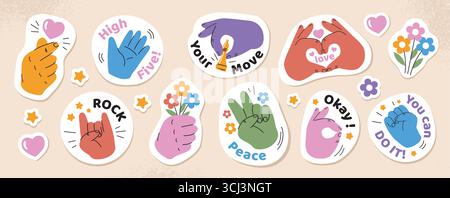 Handaufkleber Set. Beschriftungen mit Gesten. Liebe, Rock und High Five. Finger zeigen Gesten. Pack mit trendigen Patches für soziale Medien. Flacher Vektor Stock Vektor