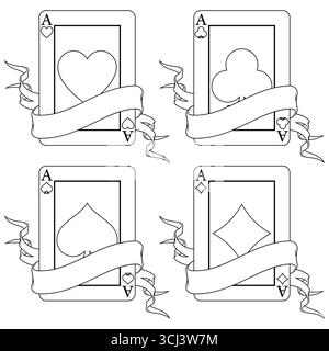 Pokerkarte, umgeben von einem Band, Poker-Symbole von Herz, Diamant, Club und Ass Stock Vektor