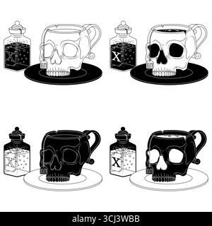 Menschlicher Schädel Geformter Porzellan-Teetasse, Schädel Geformter Kaffeetasse Magischer Trank-Cup, Halloween Dämonic Cup Stock Vektor