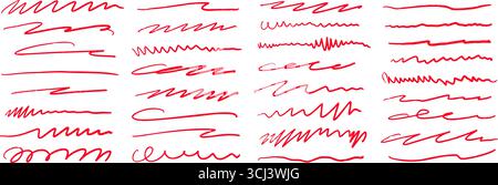 Rote handgezeichnete Pinselstriche. Sketched Doodle Scrawl Lines Kollektion. Zick-Zack, wellig, Squiggle Scribble Streifen Pack. Rote Markierungsschilder für Markierung, Hervorhebung, Akzent, Hervorhebung. Vektor Stock Vektor