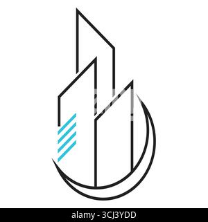 Dies ist ein minimalistisches und geometrisches Logo mit stilisierten Hochhäusern. Das Design besteht aus drei umrissenen Wolkenkratzern Stock Vektor