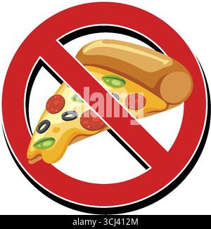 Flacher Vektor des Verbots Schild über Pizzascheibe und Hot Dog, kühner roter Kreis Stil. Stock Vektor