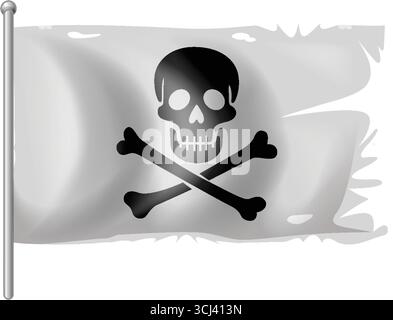 Vektor-Piratenfahne mit Schädel und gekreuzten Knochen, Graustufen-Farbe, gewelltes Gewebe, zerrissene Kanten, metallische Stange Stock Vektor