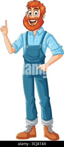 Fröhlicher rotbärtiger Karikaturbauer in blauen Overalls, die nach oben zeigen, voller Körper, helle Vektorkunst. Stock Vektor