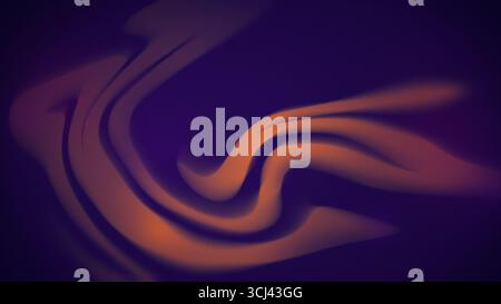 Abstrakte, fließende, wellige und geschwungene, körnige orange Formen auf lila Hintergrund. Unscharfer, dynamischer und futuristischer, lebendiger Hintergrund im Vollformat mit Rauschen. Stockfoto