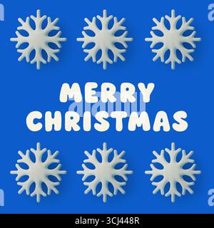 Quadratisches fröhliches Weihnachtsposter mit kräftiger weißer Typografie und 3D-Schneeflocken auf einem hellblauen Hintergrund. Minimales festliches Design für Grußkarten Stock Vektor