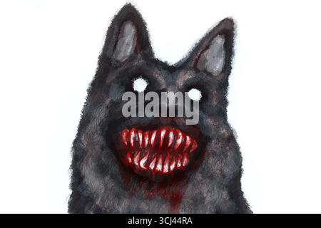Gruseliger Horror lächelnder Hund mit Blut und Zahn, Halloween Dekorationskonzept, Aquarellmaleffekt Stockfoto