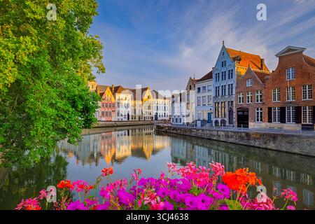 Malerischer Blick auf den Kanal von Brügge, Belgien, mit farbenfrohen historischen Giebelhäusern, die sich im Wasser spiegeln, eingerahmt von lebhaften Blumen im Vordergrund. Stockfoto