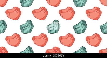 Nahtloses, Farbenfrohes Sockenmuster In Cartoon. Zusammengefaltete Socken in rot und grün in flachem, nahtlosem Muster. Bunte Illustration auf weiß Stock Vektor