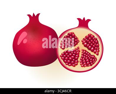 Kreativer, saftiger Granatapfel in 3D. Granatapfel im Schnitt mit Samen. Zeichentrickstil. Digitale Vektorillustration mit Farbeffekten und isoliertem Beschneiden Stock Vektor