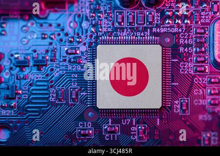 Japan on Computer Chip for Japanese Chip war Concept. Länderchiphersteller, Marktanteil von Microchip beim Hersteller von Motherboard-Chips und in der Lieferkette. Stockfoto