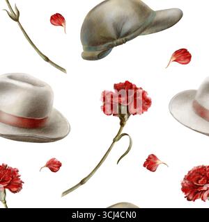 Nahtloses Muster der Nelkenrevolution von 1974 in Portugal, in der Zivilhut und Soldatenmütze zu Symbolen für friedliche Gezeiten wurden Stockfoto