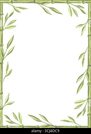 Bambusstiele mit Blättern Aquarell-Postkartenvorlage. Rahmen mit Kopierraum mit Blumenzweigen. Handgezeichneter isolierter Illustrationsrahmen von Stockfoto